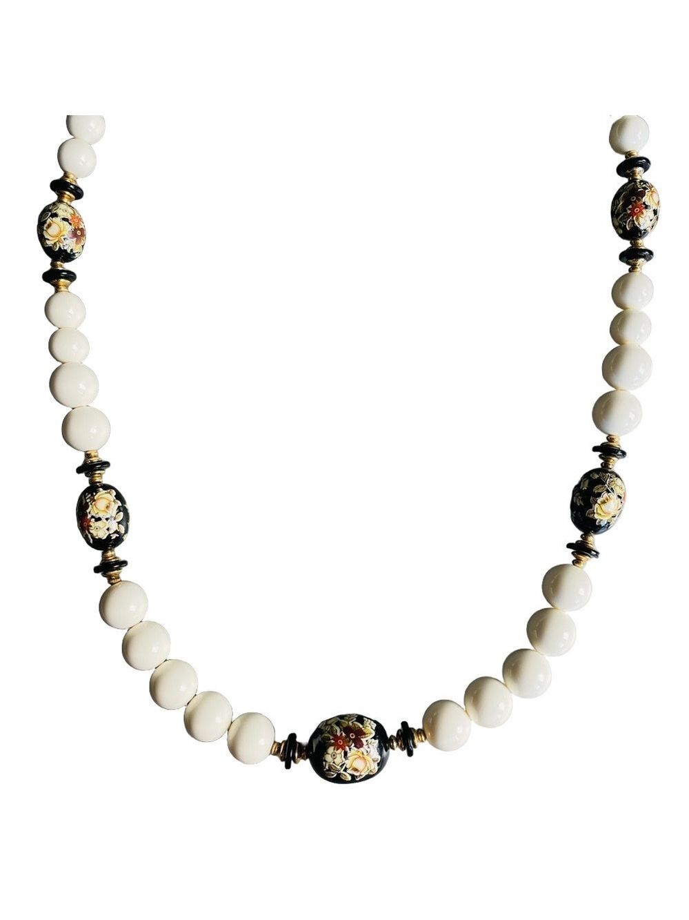 Vintage Painted Wooden Beads Faux Pearl Graduated Asian Necklace Cloison…